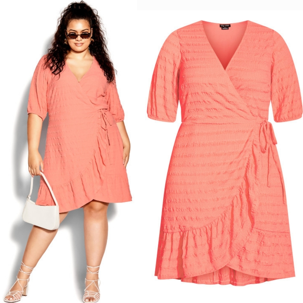 CITY CHIC Sweet Romance Peach Gauze Ruffled Wrap Dress Wedding Plus Size 18